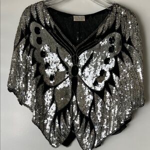 VINTAGE 🦋 Sequin Butterfly Black and Silver Women's Top Sz M